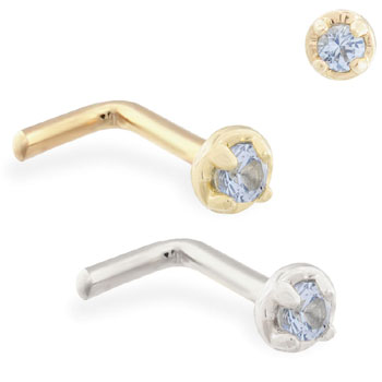 14K Gold L-shaped nose pin with 1.5mm Blue Zircon gem