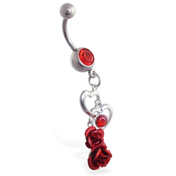 Belly ring with dangling open hearts and roses