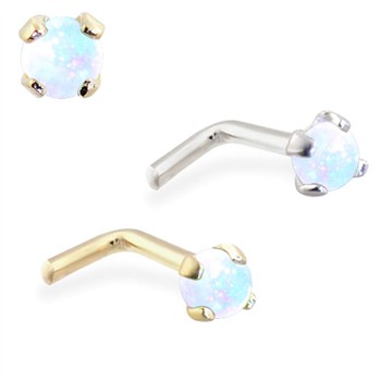 14K Gold L-shaped Nose Pin with 2mm Round White Opal