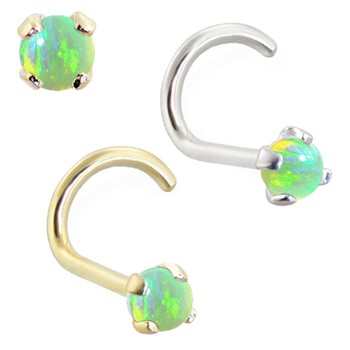 14K Gold Nose Bone with 2mm Round Green Opal