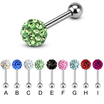 Steel cartilage straight barbell with crystal paved ball, 16 ga