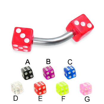 Curved barbell with acrylic dice, 16 ga