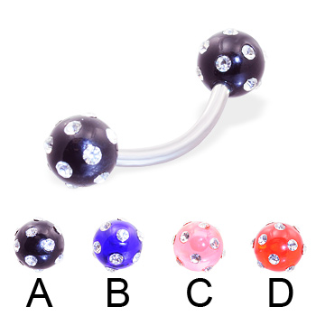 Curved barbell with multi-gem acrylic colored balls, 14 ga