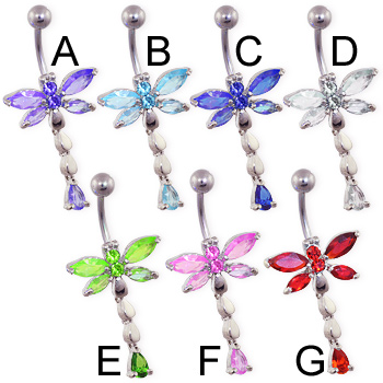 Jeweled dragonfly belly ring with teardrop dangle