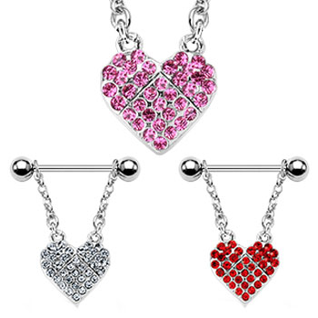 Nipple bar with dangling pave jeweled heart