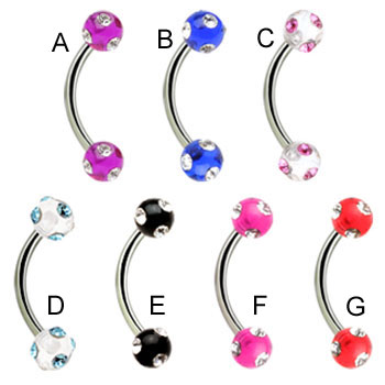 Curved barbell with multi-jeweled acrylic balls, 16 ga
