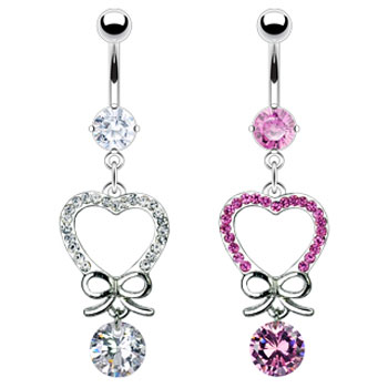 Belly ring with dangling jewel paved heart with bow and gem