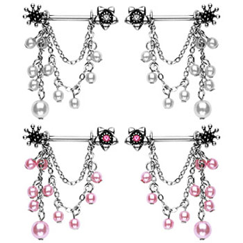 Pair of flower nipple rings with pearl and chain dangles