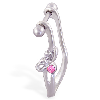 Straight helix barbell with dangling cuff with pink bow, 16 ga