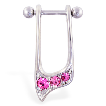 Straight helix barbell with dangling pink jeweled cuff , 16 ga