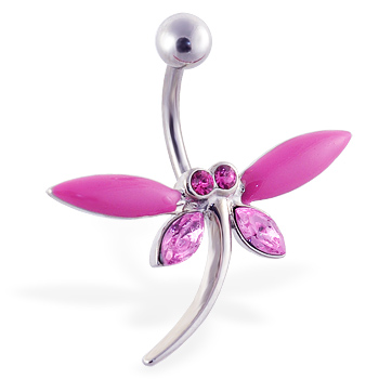 Large pink jeweled dragonfly belly ring