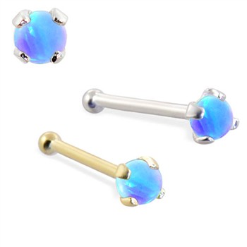 14K Gold Nose Bone with 2mm Round Blue Opal