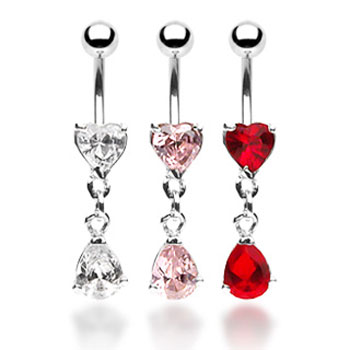 Belly ring with jeweled heart and dangling jeweled teardrop