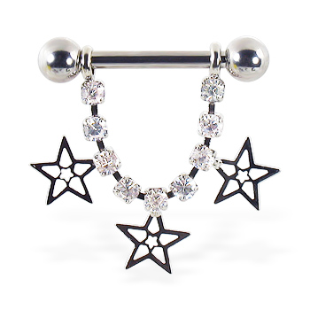 Nipple ring with dangling jeweled chain and stars, 12 ga or 14 ga