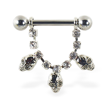 Nipple ring with dangling jeweled chain and skulls, 12 ga or 14 ga