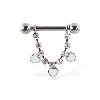 Nipple ring with dangling jeweled chain and white hearts, 12 ga or 14 ga