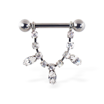 Nipple ring with dangling jeweled chain and pear-shaped gems, 12 ga or 14 ga
