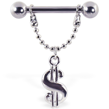 Nipple ring with dangling money sign, 12 ga or 14 ga