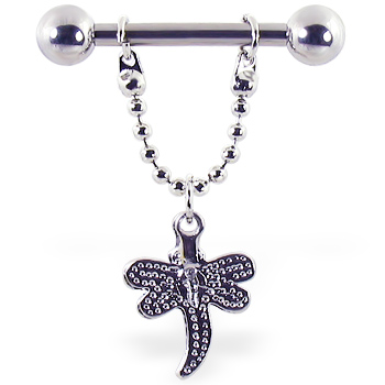 Nipple ring with dangling dragonfly, 12 ga or 14 ga