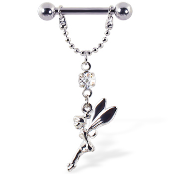 Nipple ring with dangling chain and fairy, 12 ga or 14 ga
