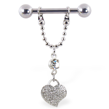 Nipple ring with dangling chain and heart, 12 ga or 14 ga