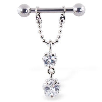 Nipple ring with dangling chain and flowers, 12 ga or 14 ga
