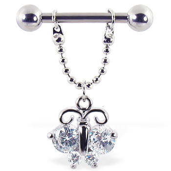 Nipple ring with dangling chain and jeweled butterfly, 12 ga or 14 ga