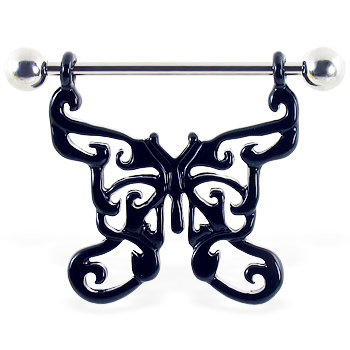 Nipple ring with large black dangling butterfly, 14 ga
