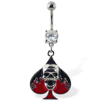Navel ring with dangling spade and skull