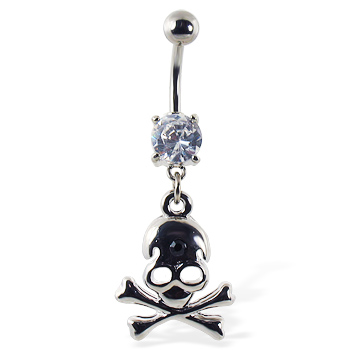 Navel ring with dangling skull and crossbones