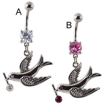 Navel ring with dangling dove holding jeweled branch