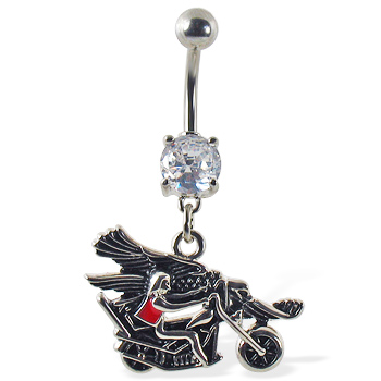 Navel ring with dangling guy on motorcycle