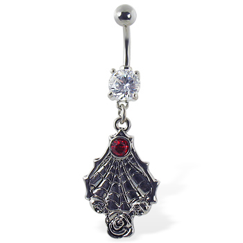 Navel ring with dangling spider web and gem