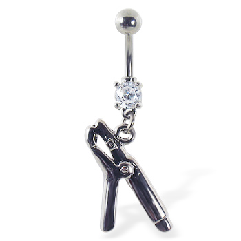 Navel ring with dangling curling iron