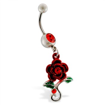 Navel ring with dangling red rose with gems
