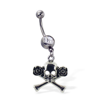 Navel ring with dangling skull and crossbones with roses