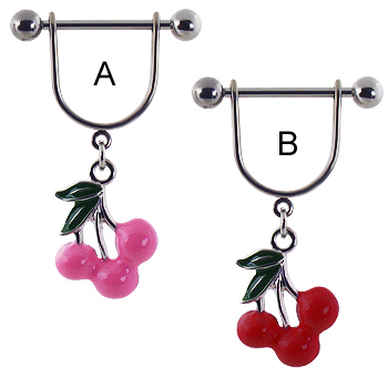 Stirrup nipple ring with dangling cherries