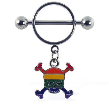 Nipple ring with dangling rainbow skull and crossbones