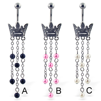 Crown belly button ring with dangling simulated pearls