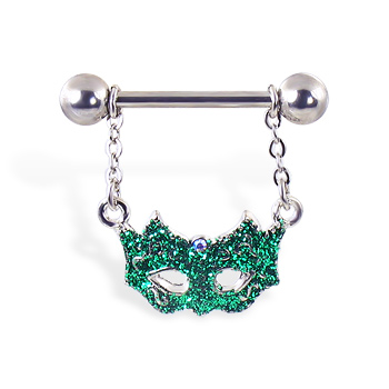 Nipple Ring with Dangling Green Masquerade Mask, 14 Ga
