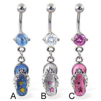 Belly ring with dangling flip-flop with stars