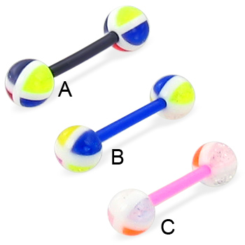 Tongue ring with 4-section multicolor balls, 14 ga