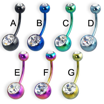 Double jeweled titanium anodized belly button ring, 16 ga