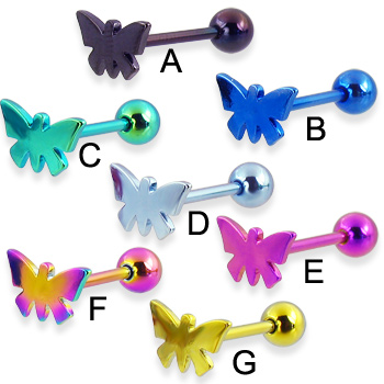 Titanium anodized butterfly tongue ring, 14 ga