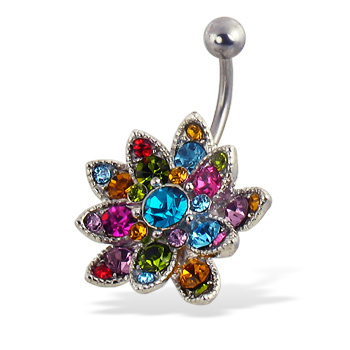 Multicolor jeweled flower belly button ring