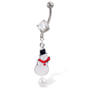 Christmas Belly Button Ring with Dangling Snowman