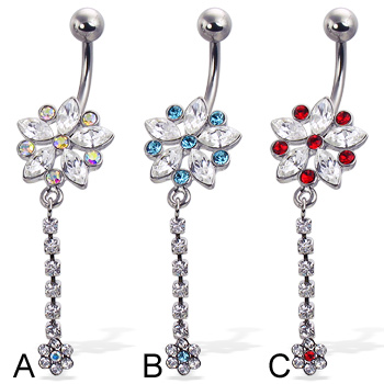 Jeweled flower belly button ring with small flower dangle
