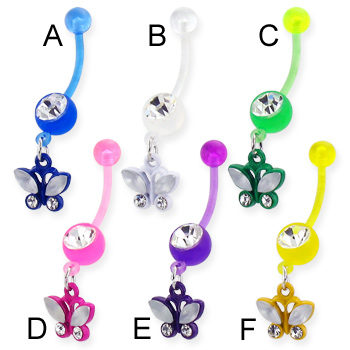 Bioplast belly button ring with dangling jeweled butterfly