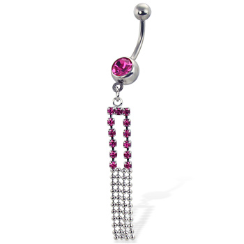 Jeweled belly button ring with rectangle jeweled dangle