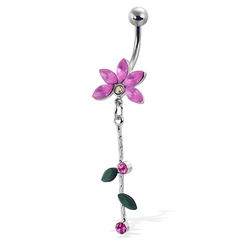 Flower belly button ring with gems and leaves on a dangle